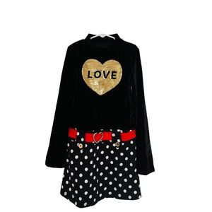 Basic Editions Black White Red Gold Partial Polka Dot Dress Size 10/12 L…